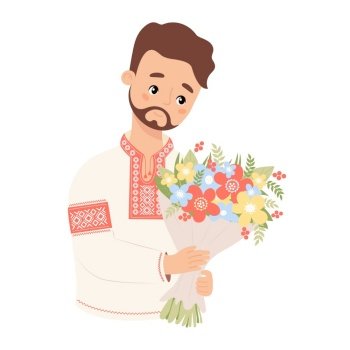 Ukrainian bearded man in traditional national clothes, embroidered shirt with bouquet flowers. Cute male character for design festive themes of birthday, father’s day. Vector illustration.