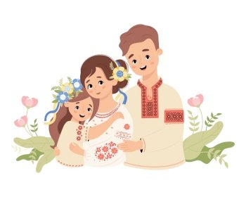 Happy Ukrainian family. Cute father, mother and daughter with floral wreath with yellow-blue ribbons in traditional clothes embroidered shirt. Vector illustration. Festive national character family.