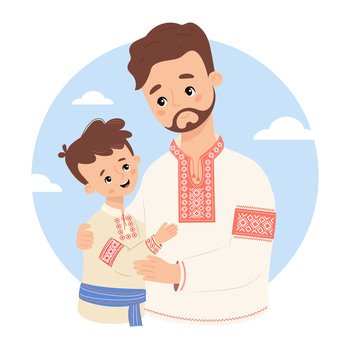 Happy Ukrainian bearded man father with son in traditional  clothes embroidered vyshyvanka. Festive nation character family. Vector illustration for design festive themes, father’s day. 