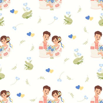 seamless pattern. Cute Ukrainian people. Cute couple man and woman in traditional national embroidered clothes on white background with flowers and yellow-blue hearts. Vector illustration.