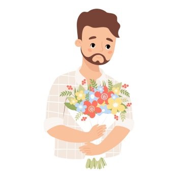 Cute fair-skinned bearded man with bouquet of flowers. Festive male character. Vector illustration