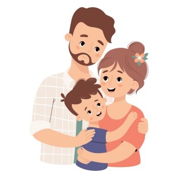 Happy family. Cute bearded man father tenderly hugs his wife and son. Vector illustration.