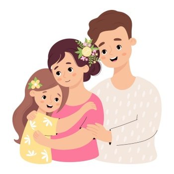 Happy family. Cute man father, mother and daughter. Vector illustration. 