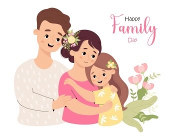 Happy Family Day card. Cute man father, with wife and daughter in flowers. Vector illustration.