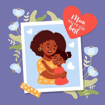 Cute photograph from happy ethnic black woman mother with her daughter with flowers. Mother’s holiday confession and congratulations. Vector illustration  