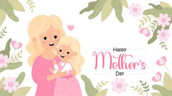 Happy Mothers Day banner. Cute blonde woman tenderly hugs daughter on white background with pink flowers and leaves. Horizontal festive poster. Vector illustration in flat cartoon style.