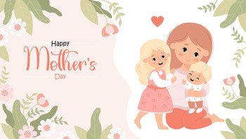 Cute family. Happy Mothers Day poster. Woman with daughter and baby son on background with flowers and leaves. Horizontal festive banner. Vector illustration in flat cartoon style.