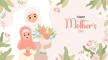 Cute Islamic muslim mother with daughter and bouquet flower. Happy Mothers Day poster. Horizontal festive floral banner. Vector illustration in flat cartoon style.