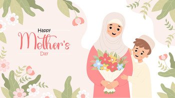 Mothers Day poster. Happy muslim mother with son and bouquet flower. Islamic family. Horizontal festive floral banner. Vector illustration in flat cartoon style.