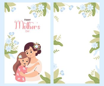 Happy Mother’s Day posters. Cute woman tenderly hugs daughter on white background with blue flowers and leaves. Vertical isolated festive floral banners. Vector illustration in flat cartoon style.