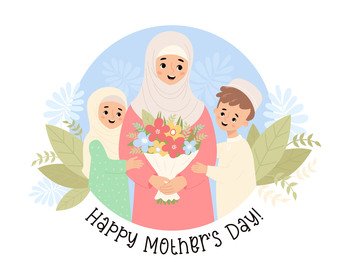 Cute muslim woman mother with her children son and daughter with bouquet of flowers. Happy Mother’s Day postcard. Vector illustration. Positive holiday islamic family in cartoon flat style.
