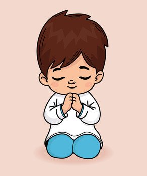 Cute praying little boy on their knees with hands folded in prayer. Religious believer child. Vector illustration. Color hand drawing with doodle style. Kids collection.