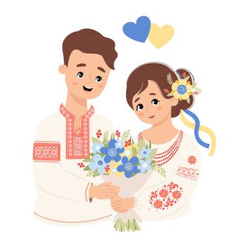 Happy Ukrainian couple people. Cute man and woman in traditional national clothes, embroidered shirt vyshyvanka with bouquet flowers and yellow-blue hearts. Vector illustration.