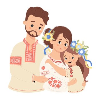 Happy Ukrainian family. Cute bearded man dad hugs his wife and daughter tenderly in traditional clothes embroidered shirt vyshyvanka. Vector illustration. Festive national character family.