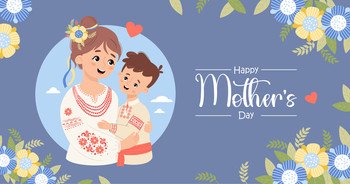 Happy Mothers Day poster. Ukrainian woman mama and son in traditional clothes embroidered shirt on blue background with yellow blue flowers. Horizontal festive banner. Vector illustration.