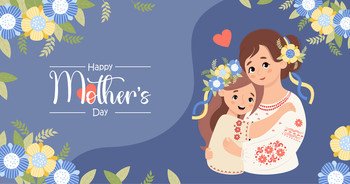 Happy Mothers Day poster. Ukrainian woman with daughter in traditional embroidered shirt with floral wreath on blue background with yellow blue flowers. Horizontal festive banner. Vector illustration.