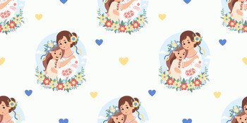 Seamless pattern Cute Ukrainian woman mom with daughter in traditional embroidered clothes with flowers on white background with yellow-blue hearts. Vector illustration. Cultural national character.
