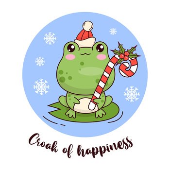 Christmas frog in winter hat with striped candy cane with holly. Cute animal kawaii character. Vector illustration. Cool holiday card with funny slogan. Kids collection