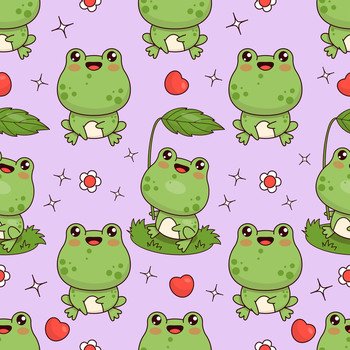 Seamless pattern with happy frogs on purple background. Cute kawaii animal character. Vector illustration. Kids collection