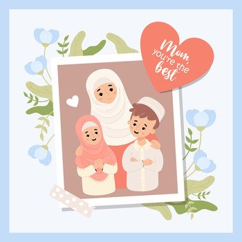 Cute holiday islamic family. Photo from happy Muslim woman mother with her children son and daughter with flowers. Mother’s confession and congratulations. Vector illustration in flat cartoon style