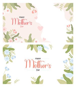 Floral banners Happy Mothers Day. Pink and blue flowers on white background with congratulations inscription. Horizontal isolated festive posters. Vector illustration 