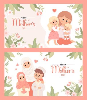 Happy multicultural family. Mothers Day posters. Cute Islamic muslim mother with son and daughter on white background with flowers. Horizontal isolated festive banners. Vector illustration.
