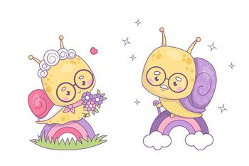 Cute pair elderly snails grandparents. Grandmother with bouquet flowers and grandfather in glasses on rainbow. Positive happy beloved insects kawaii characters. Vector illustration 