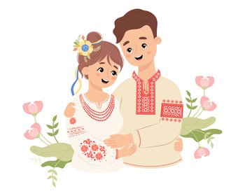 Happy Ukrainian people. Cute smiling guy gently hugs girl in traditional clothes, embroidered shirt vyshyvanka. Vector illustration. Enamored national Ukrainian couple characters 