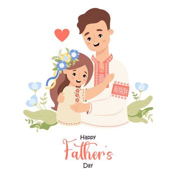Happy Father’s Day card. Ukrainian man and daughter with floral wreath with yellow-blue ribbons in traditional clothes, embroidered shirt. Vector illustration. Festive national character family.