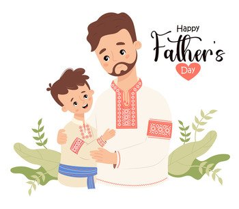 Happy Father’s Day card. Ukrainian bearded man dad with son in traditional embroidered clothes, vyshyvanka on white background. Festive nation character family. Vector illustration.