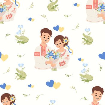 Seamless pattern with Ukrainian people. Cute enamored couple man and woman in traditional embroidered clothes vyshyvanka on white background with flowers and yellow-blue hearts. Vector illustration.
