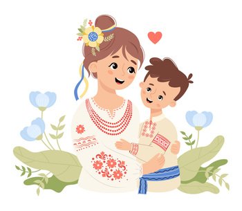 Cute happy Ukrainian woman mother and son in traditional clothes embroidered shirt with blue flowers. Vector illustration. Festive cultural national character family.