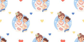 Seamless pattern with Ukrainian woman mother with son in traditional clothes embroidered shirt on white background with yellow-blue hearts. Vector illustration. Festive cultural national character.