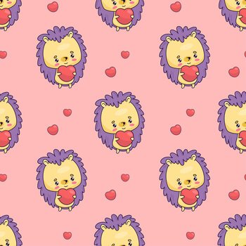 Seamless pattern with romantic hedgehog character in love with heart on pink background. Vector illustration with funny cartoon kawaii animals 