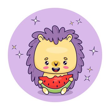 Cute smiling hedgehog with piece of watermelon. Vector illustration. Funny cartoon kawaii animal character. Kids collection