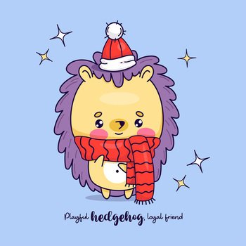 Cute winter hedgehog in knitted hat and scarf. Vector illustration. Funny cartoon kawaii animal character. Kids collection