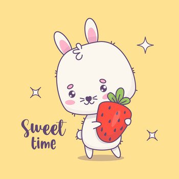 Happy bunny with strawberries. Funny kawaii animal character. Vector illustration. Sweet time card. Kids collection.
