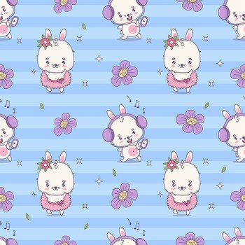 Seamless pattern with bunny girl ballerina and happy rabbit in headphones on striped blue background with flowers. Cute kawaii animal character. Vector illustration. Kids collection.