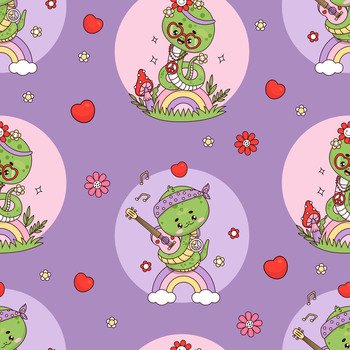 Seamless pattern with groovy hippy snake. Cute reptile girl and boy on rainbow on purple background with hearts. Funny retro kawaii character. Vector illustration in trendy 70s style