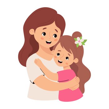 Cute mother hugs her child girl daughter. Vector illustration flat cartoon style. Happy female character.