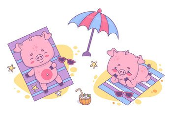 Beach holiday. Happy beach pigs sunbathing resting on beach towel under sun umbrella with coconut summer cocktail. Isolated funny relaxing animal character on white. Vector illustration