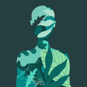Human silhouette front view with rainforest plants inside it. Vector illustration