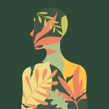 Human silhouette profile view with rainforest plants inside it. Vector illustration