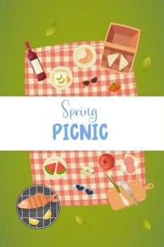 poster spring picnic, green grass, picnic basket, outdoor food. vector. poster spring picnic, green grass, picnic basket, outdoor food. vector illustration