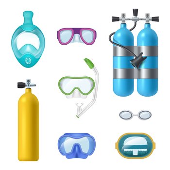 Gas cylinder. Swimming tools for diving scuba mask and oxygen air compressed tanks decent vector realistic templates. Illustration of equipment swim tank and snorkel. Gas cylinder. Swimming tools for diving scuba mask and oxygen air compressed tanks decent vector realistic templates