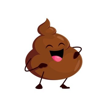 Funny poo excrement, cartoon laughing poop emoji character. Isolated vector jovial toilet shit personage with a gleeful facial expression and contagious laughter, exudes humor and lightheartedness. Funny poo excrement, cartoon laughing poop emoji