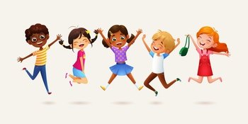 Cartoon children jumping, school boy and girl pupil characters leap with boundless happiness. Vector multiracial carefree gleeful kids joyfully laughter creating a vibrant scene of pure, unbridled joy. Cartoon children jumping, school boy and girl