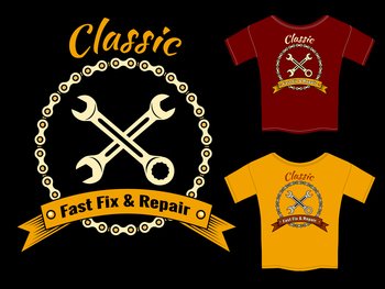Vector Mechanic Fast Fix and Repair T-Shirt Template Design  Isolated on Black Background.