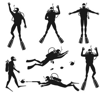 Scuba diver silhouettes. Diving silhouettes on white background.  Speargun and water sport, people diving sea. Vector illustration. Scuba diver silhouettes. Diving silhouettes on white background