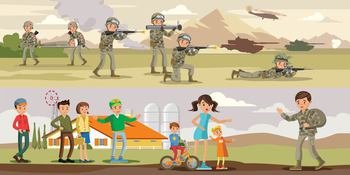 Colorful military horizontal banners with battle attack of air and ground forces and soldier comes home from war vector illustration. Colorful Military Horizontal Banners